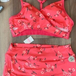 Victoria's Secret Pink Gym To Swim 2 Piece Swimsuit Size S/M Coral Floral Print